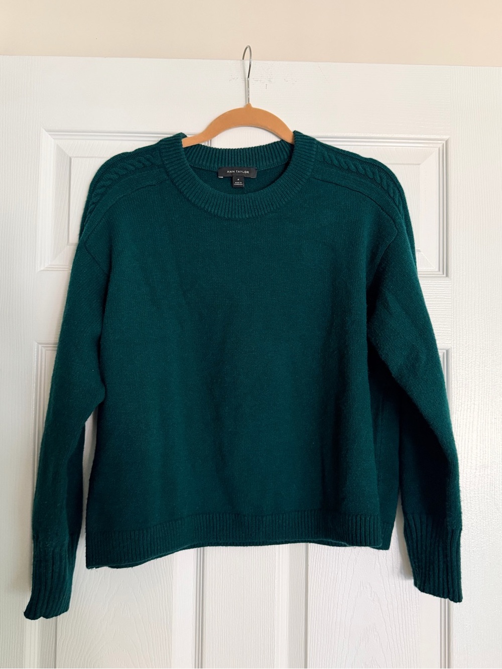 Ann Taylor Deep Green Cable-Shoulder Crewneck Sweater